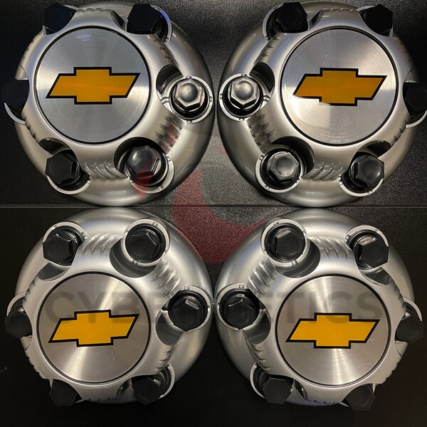 thumbnail interactive-video image 1 of Set Of 4 Matte Silver 6-Lug Wheel Center Caps For Chevy Silverado 1500 / Van – 16" & 17" Wheels (Part #5129C / 15067578) 1 of 3