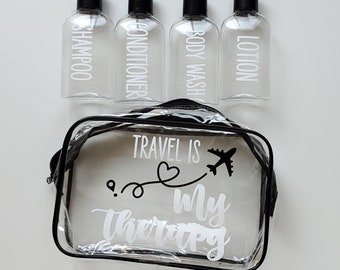 Travel is My Therapy Clear Zipper Waterproof Toiletry bag with 4 labeled TSA Approved 3.4 oz Plastic Squeeze Bottles