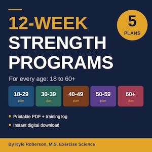 May include: A digital graphic for 12-Week Strength Programmes featuring 5 plans for ages 18 to 60+. Includes five coloured boxes labelled 18-29, 30-39, 40-49, 50-59, and 60+ plan. Text includes Printable PDF + training log, Instant digital download, and By Kyle Roberson.