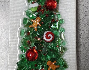 Christmas Tree Wall Decor Shelf Sitter Holiday Seasonal Unique Glass Art and Resin Gift Christmas Handmade Gingerbread Crushed Glass