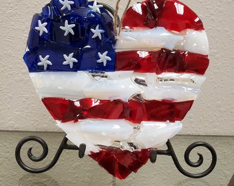Heart Flag Glass Resin Fourth of July Independence Day Red White Blue Memorial Day Patriotic Flag Day Veterans Day Handmade Americana