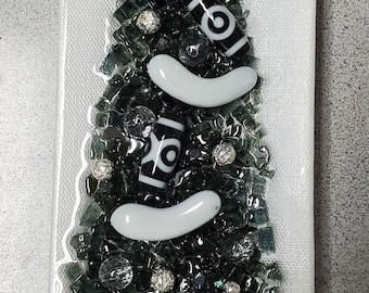 Christmas Tree Wall Decor Shelf Sitter Holiday Seasonal Unique Glass Art Resin Gift Southwestern Gothic Handmade Crushed Glass Black White