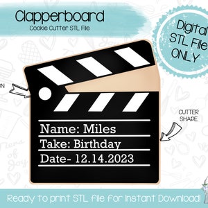 May include: A black and white clapperboard cookie cutter with the text "Name: Miles, Take: Birthday, Date-12.14.2023". The cookie cutter is a digital STL file for instant download.