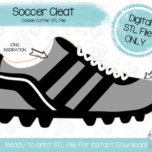 May include: A digital STL file for a cookie cutter in the shape of a gray and black soccer cleat. The file is ready to print for instant download. The text "ICING INSPIRATION" is written on the image.