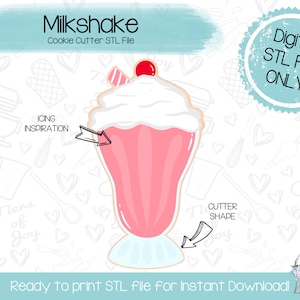 May include: A digital STL file for a cookie cutter in the shape of a pink milkshake with whipped cream and a cherry on top. The text "Milkshake" and "Cookie Cutter STL File" is at the top of the image. The text "Digital STL File ONLY" is in a blue circle at the top right of the image. The text "Ready to print STL file for Instant Download!" is at the bottom of the image.