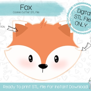 May include: Digital STL file for a cookie cutter in the shape of a fox's head. The fox has orange fur, black eyes, and a black nose. The file is ready to print for instant download.