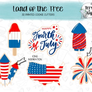 May include: Set of five 3D printed cookie cutters featuring patriotic designs. The cutters include a popsicle, a firework, a firework display, a USA map, and a "Happy Fourth of July" banner.