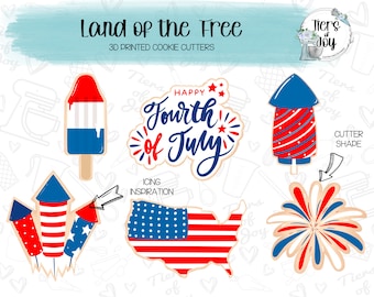 May include: Set of five 3D printed cookie cutters featuring patriotic designs. The cutters include a popsicle, a firework, a firework display, a USA map, and a "Happy Fourth of July" banner.