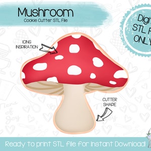 May include: Digital STL file for a cookie cutter shaped like a red and white mushroom. The file is ready to print for instant download.