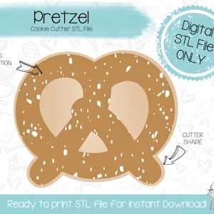 Puede incluir: Un archivo STL digital para un cortador de galletas con forma de pretzel. La imagen muestra un cortador de galletas con forma de pretzel marrón con un diseño moteado blanco. El texto "Pretzel Cookie Cutter STL File" está en la parte superior de la imagen. El texto "Digital STL File ONLY" está en un círculo azul en la parte superior derecha de la imagen.