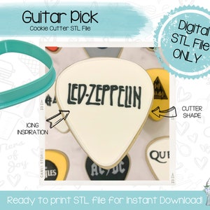 May include: A teal blue plastic guitar pick cookie cutter. The cutter is shaped like a guitar pick with a rounded top and a pointed bottom. The cutter is shown next to a white cookie decorated with black icing that reads "LED-ZEPPELIN".
