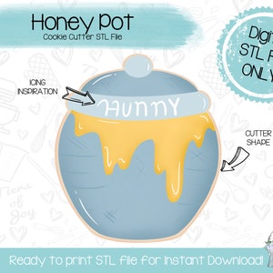 Könnte beinhalten: Eine digital herunterladbare STL-Datei für einen Ausstecher in Form eines Honigtopfs. Der Honigtopf ist blau mit einem gelben Honigtropfen und dem Wort "Hunny" auf dem Deckel.