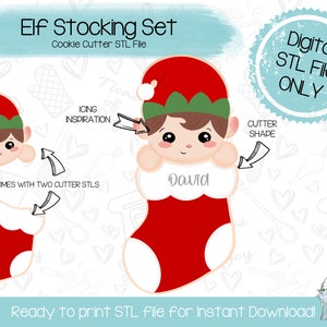 May include: A digital STL file for a cookie cutter in the shape of an elf wearing a stocking cap and holding a stocking. The elf is red and white with a green hat and brown hair. The text "David" is on the stocking. The text "Digital STL File ONLY" is in a blue circle.