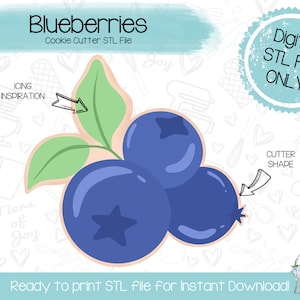 May include: A digital download STL file for a cookie cutter shaped like blueberries with a green leaf stem. The file is ready to print for instant download. The text "Digital STL File ONLY" is in a blue circle with a white background. The text "ICING INSPIRATION" is in a black rectangle with a white background. The text "CUTTER SHAPE" is in a black rectangle with a white background.