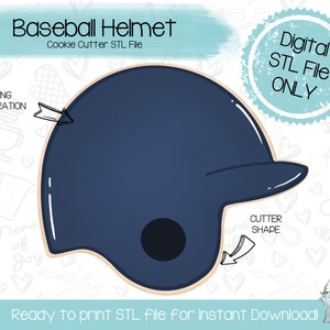 May include: A navy blue baseball helmet cookie cutter STL file. The image includes the text "Baseball Helmet Cookie Cutter STL File" and "Digital STL File ONLY". The design is for "Icing Inspiration" and "Cutter Shape".