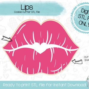 May include: Digital STL file for a cookie cutter shaped like a pair of pink lips with a white heart in the center. The text "Lips Cookie Cutter STL File" is at the top of the image. The text "Digital STL File ONLY" is in the upper right corner of the image. The text "ICING INSPIRATION" is in the upper left corner of the image. The text "CUTTER SHAPE" is in the lower right corner of the image. The text "Ready to print STL file for Instant Download!" is at the bottom of the image.
