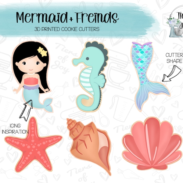 Mermaid and Friends Cookie Cutter Set of 6 - Under the Sea - 3D Printed Cookie Cutter