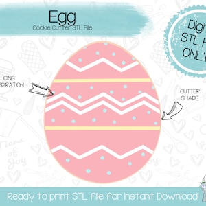May include: A digital STL file for a cookie cutter in the shape of a pink and white Easter egg with a yellow stripe and blue polka dots. The text "Egg Cookie Cutter STL File" and "Digital STL File ONLY" is included in the image.