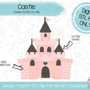 May include: A pink castle cookie cutter STL file for digital download. The cutter is shaped like a traditional castle with towers, windows, and a pointed roof.