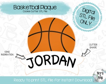 May include: A digital download STL file for a cookie cutter in the shape of a basketball with the name Jordan written on a banner below. The basketball is orange with black lines and the banner is white.