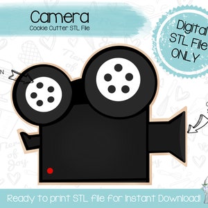 Puede incluir: Un cortador de galletas en blanco y negro con forma de cámara vintage. El cortador está listo para imprimir como un archivo STL para descarga instantánea. Archivo STL digital solamente.