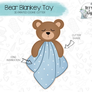 May include: A 3D printed cookie cutter in the shape of a brown bear holding a blue blanket with white polka dots. The text "Bear Blankey Toy" and "3D Printed Cookie Cutter" is above the image. The text "Cutter Shape" is to the right of the image with an arrow pointing to the cutter. The text "Icing Inspiration" is to the left of the image with an arrow pointing to the cutter.