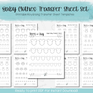 Peut inclure: Ensemble de 8 feuilles de transfert pour glaçage royal imprimables pour vêtements de bébé. Les feuilles présentent divers motifs, notamment des bodys, des robes et des bavoirs. Les feuilles sont étiquetées "Tiers of Joy" et sont prêtes à être imprimées.