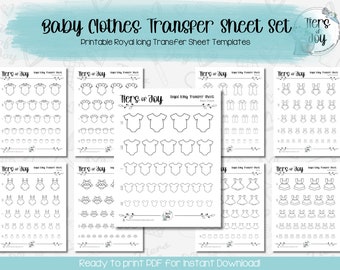 Babykleding Royal Icing Transfer Sheet Template - PDF Instant Digitale Download - 9 ontwerpen - 5 maten (1,5", 1,25", 1", 0,75" en 0,5")