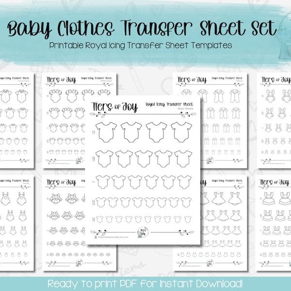 Baby Clothing Royal Icing Transfer Sheet Template - PDF Instant Digital Download - 9 Designs - 5 Sizes (1.5", 1.25", 1", 0.75", and 0.5")