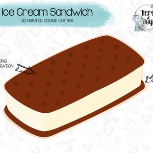 May include: A 3D printed cookie cutter shaped like an ice cream sandwich. The cutter is brown with white frosting and chocolate chips. The text "Ice Cream Sandwich" and "3D Printed Cookie Cutter" is above the cutter. The text "ICING INSPIRATION" and "CUTTER SHAPE" are on the left and right sides of the cutter, respectively.