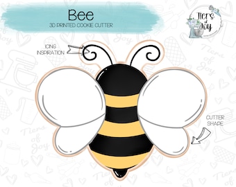 May include: A 3D printed cookie cutter in the shape of a bee. The bee is yellow and black with wings. The cutter is designed for use with cookie dough.