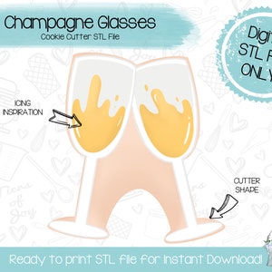 Champagne Glasses Cookie Cutter STL File - Wedding - Bridal Shower - New Years - Instant Download - 3D Printed Cookie Cutter STL File