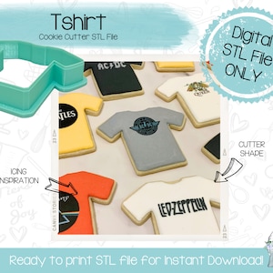 May include: A teal blue plastic cookie cutter shaped like a t-shirt. The image shows several decorated cookies with band logos, including AC/DC, The Beatles, Led Zeppelin, and Queen. The text "Tshirt Cookie Cutter STL File" is at the top of the image. The text "Digital STL File ONLY" is in a circle at the top right of the image. The text "Ready to print STL file for Instant Download!" is at the bottom of the image.