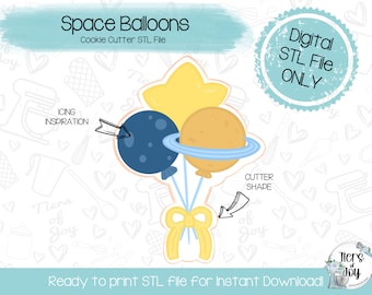 May include: A digital STL file for a cookie cutter shaped like a bunch of space balloons. The balloons are blue, yellow, and orange with a blue ring around the orange balloon. The balloons are tied together with a yellow bow.
