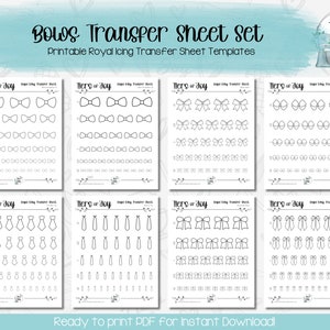 May include: Printable transfer sheets for royal icing featuring outlines of bows and ties. The sheets are labeled "Tiers of Joy" and are ready to print for instant download.