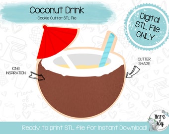 Puede incluir: Archivo STL digital para un cortador de galletas con forma de bebida de coco con una sombrilla roja y una pajita azul. El texto "Coconut Drink" y "Cookie Cutter STL File" está en la parte superior de la imagen. El texto "Digital STL File ONLY" está en un círculo azul en la parte superior derecha de la imagen. El texto "Ready to print STL file for Instant Download!" está en la parte inferior de la imagen.