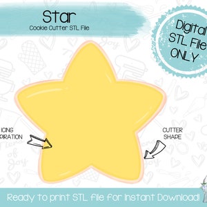 May include: A yellow star-shaped cookie cutter for making cookies. The cutter is shown on a white background with a blue and white pattern of hearts, kitchen tools, and the words "Tiers of Joy". The text "Digital STL File ONLY" is in a blue circle on the right side of the image. The text "Star Cookie Cutter STL File" is at the top of the image. The text "Ready to print STL file for Instant Download!" is at the bottom of the image.