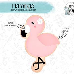 May include: A pink flamingo cookie cutter with a white flower on its head. The cutter is 3D printed and is designed to be used for making cookies.