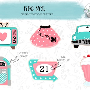 May include: A set of 5 cookie cutters featuring a turquoise car, a pink poodle skirt, a turquoise television, a turquoise jukebox, and a turquoise sign with the number 21. The cookie cutters are 3D printed and are part of a 50s themed set.