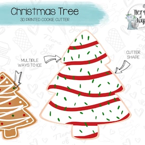 May include: A Christmas tree cookie cutter with a white base, red stripes, and green sprinkles. The image includes a decorated cookie example and text that reads "Christmas Tree 3D Printed Cookie Cutter".