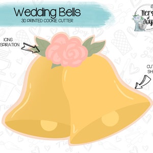 May include: A 3D printed cookie cutter in the shape of two wedding bells with a pink rose and green leaves on top. The text "Wedding Bells" and "3D Printed Cookie Cutter" is above the image. The text "ICING INSPIRATION" is on the left side of the image with an arrow pointing to the rose and leaves. The text "CUTTER SHAPE" is on the right side of the image with an arrow pointing to the bells.