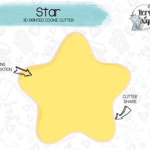 May include: A 3D printed cookie cutter in the shape of a yellow star. The cutter is on a white background with a pattern of hearts, kitchen tools, and the words "Tiers of Joy".
