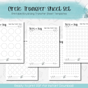 May include: A set of printable circle transfer sheets for royal icing. The sheets feature various sizes of circles in a grid pattern, perfect for decorating cookies and cakes. The text on the image reads "Circle Transfer Sheet Set" and "Ready to print PDF for Instant Download!"