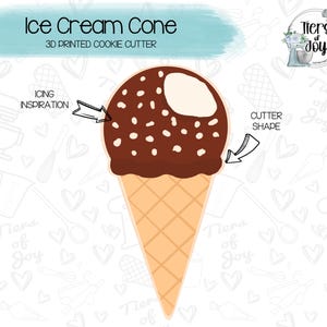 May include: A 3D printed cookie cutter in the shape of an ice cream cone with chocolate ice cream and white sprinkles. The cutter is designed for use with cookie dough.