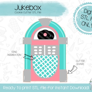 May include: A digital STL file for a cookie cutter shaped like a vintage turquoise and pink jukebox. The file is ready to print for instant download. The image includes the text "Jukebox Cookie Cutter STL File" and "Digital STL File ONLY".