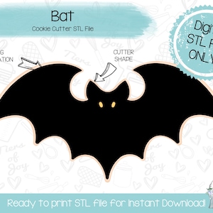 Puede incluir: Archivo STL descargable para un cortador de galletas con forma de murciélago negro. El archivo está listo para imprimir.