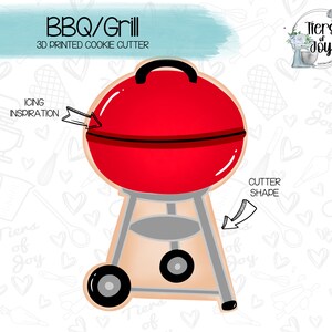 May include: Red and grey 3D printed cookie cutter shaped like a BBQ grill. The cutter is designed to create cookies that look like a grill with a lid.