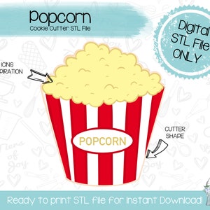 May include: A digital STL file for a cookie cutter shaped like a red and white striped popcorn bucket with popcorn on top. The file is ready to print for instant download.