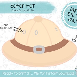 Puede incluir: Archivo STL digital para un cortador de galletas con forma de sombrero de safari. El diseño presenta un sombrero beige con una banda marrón y una hebilla plateada. El texto "Safari Hat" y "Cookie Cutter STL File" se muestran en la parte superior.