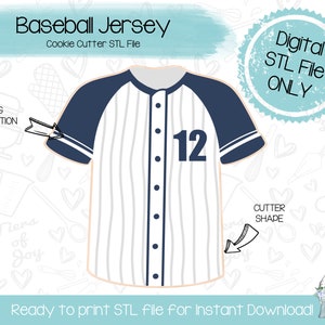 May include: A digital STL file for a cookie cutter in the shape of a baseball jersey with the number 12 on the front. The jersey is white with blue stripes and a blue collar. The file is ready to print for instant download.